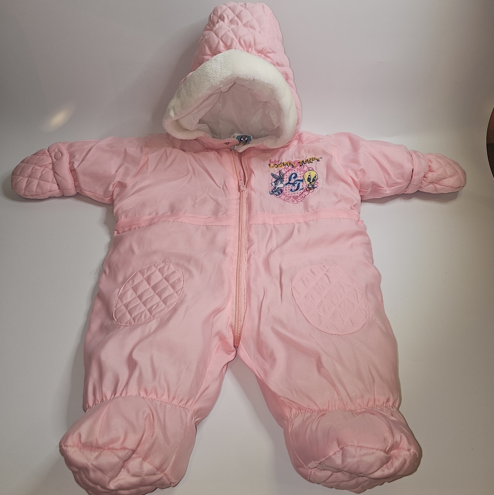 Baby Looney Tunes Snowsuit Baby Girls 3M Pink Excellent Insulated Bunting Puffer